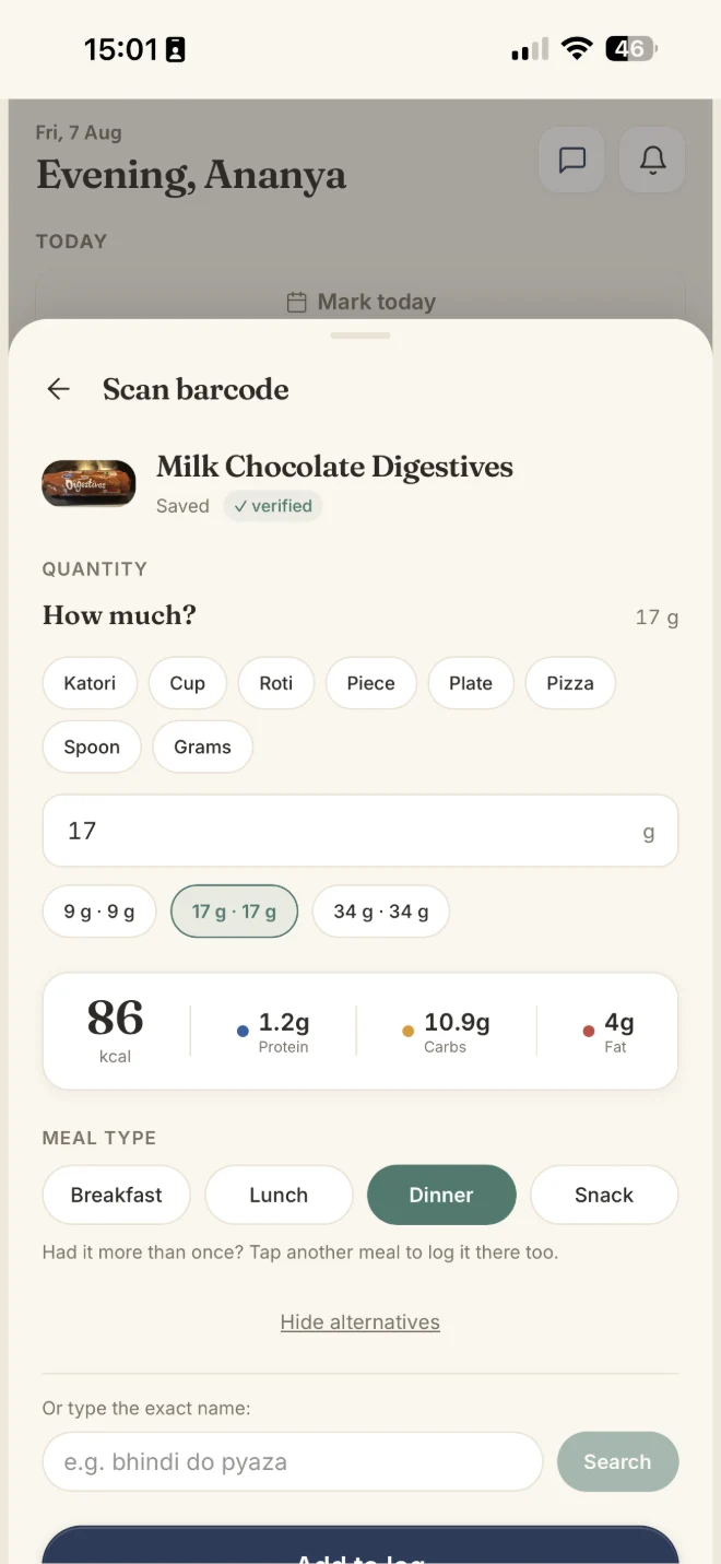 The scan resolved: Milk Chocolate Digestives, marked verified, with unit choices and 86 kcal against protein, carbs and fat.