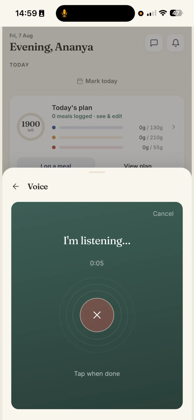 The Keenuva client app listening to a spoken meal: a full-bleed green sheet reading I'm listening, with a timer and a stop button.