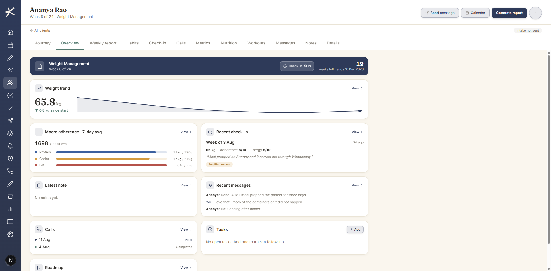 A client overview in Keenuva showing weight trend, seven-day macro adherence, the most recent check-in with the client's own words, calls and tasks.