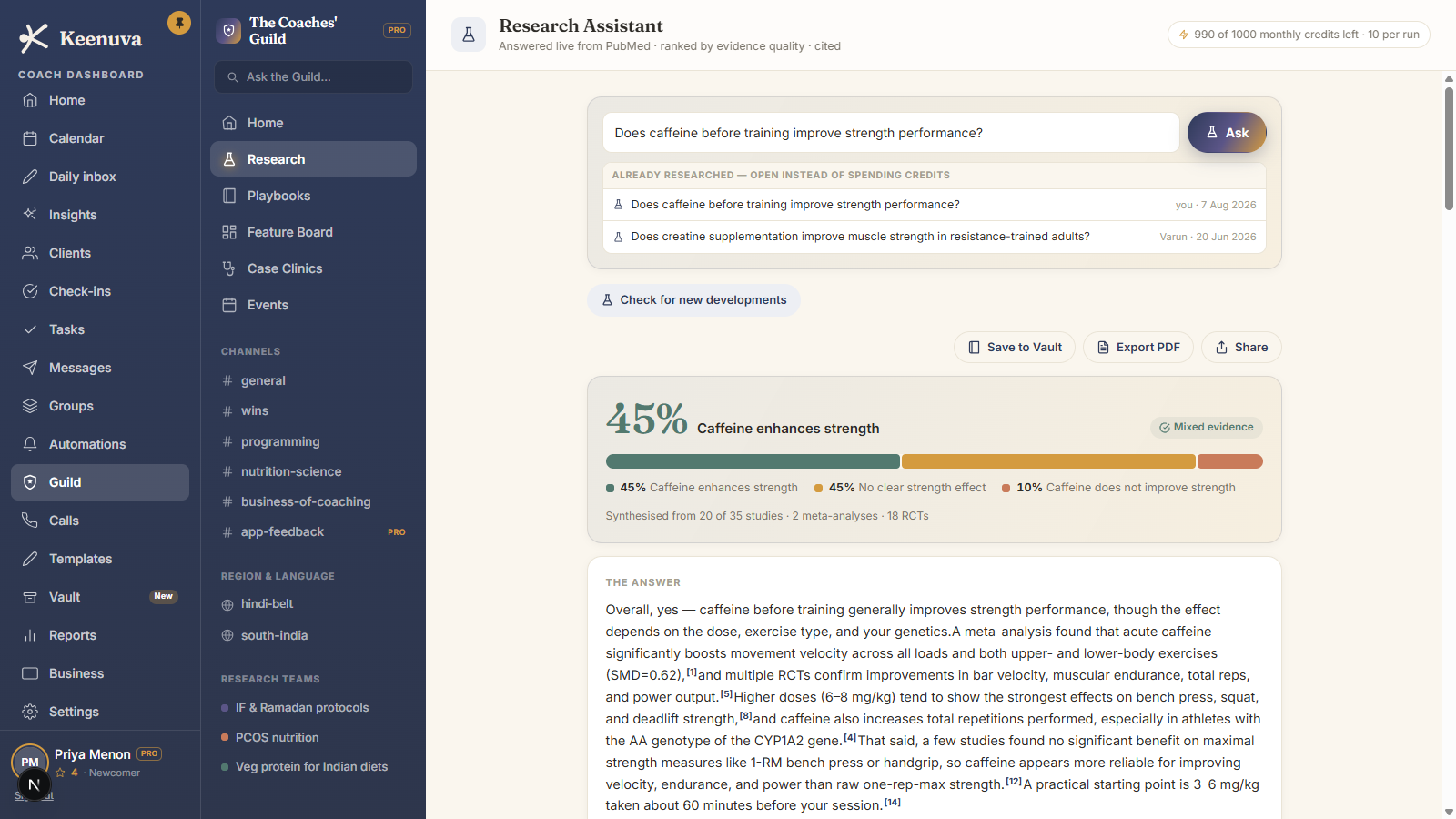 The Coaches' Guild research assistant answering a question with cited studies.