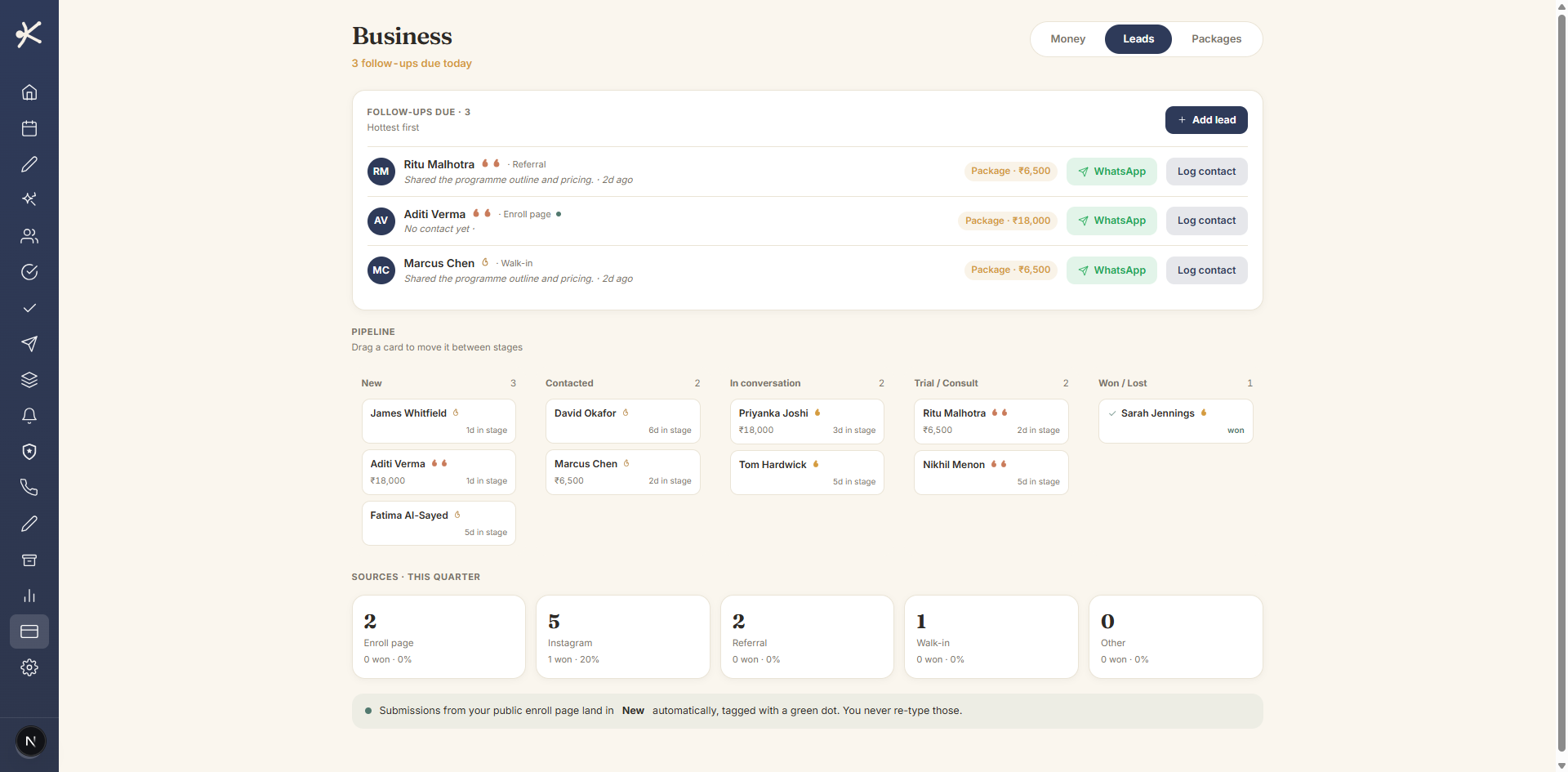 The Keenuva business screen with a drag-and-drop lead pipeline.