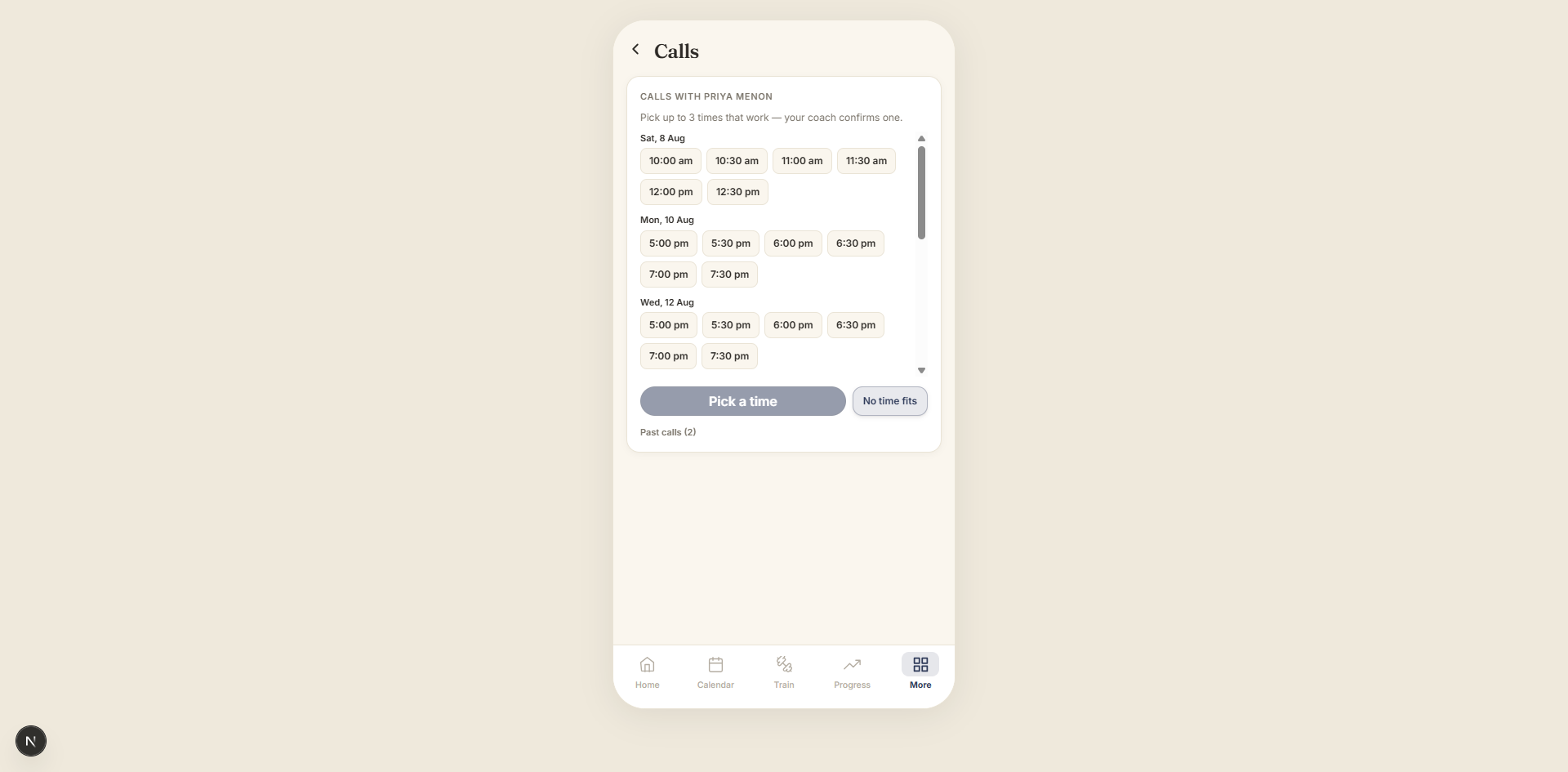 The Keenuva client app booking a call from the coach's open slots.