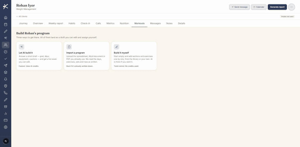 The Keenuva program builder offering three ways in, let AI build it, import a program or build it yourself, then generating a week of training.