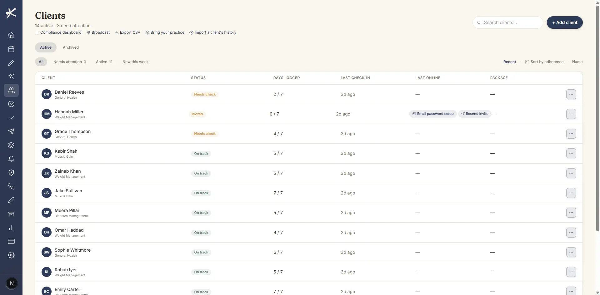 The Keenuva client roster: every client with their phase, adherence, last check-in and what needs the coach next.